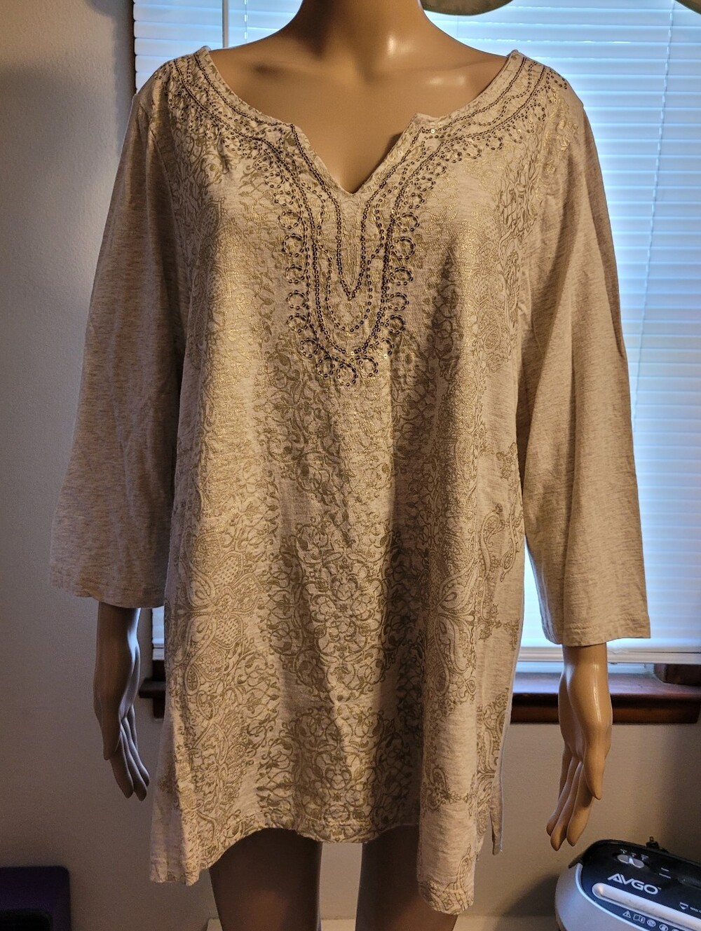 Laura Ashley Embroidered V-Neck Long Sleeve Tunic Top in Beige & Gold Sequince.